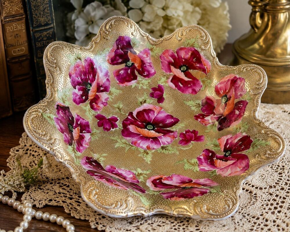 Antique Hand Painted Porcelain Poppy Bowl Gold Moriage Scalloped Rim 11" Unmarke